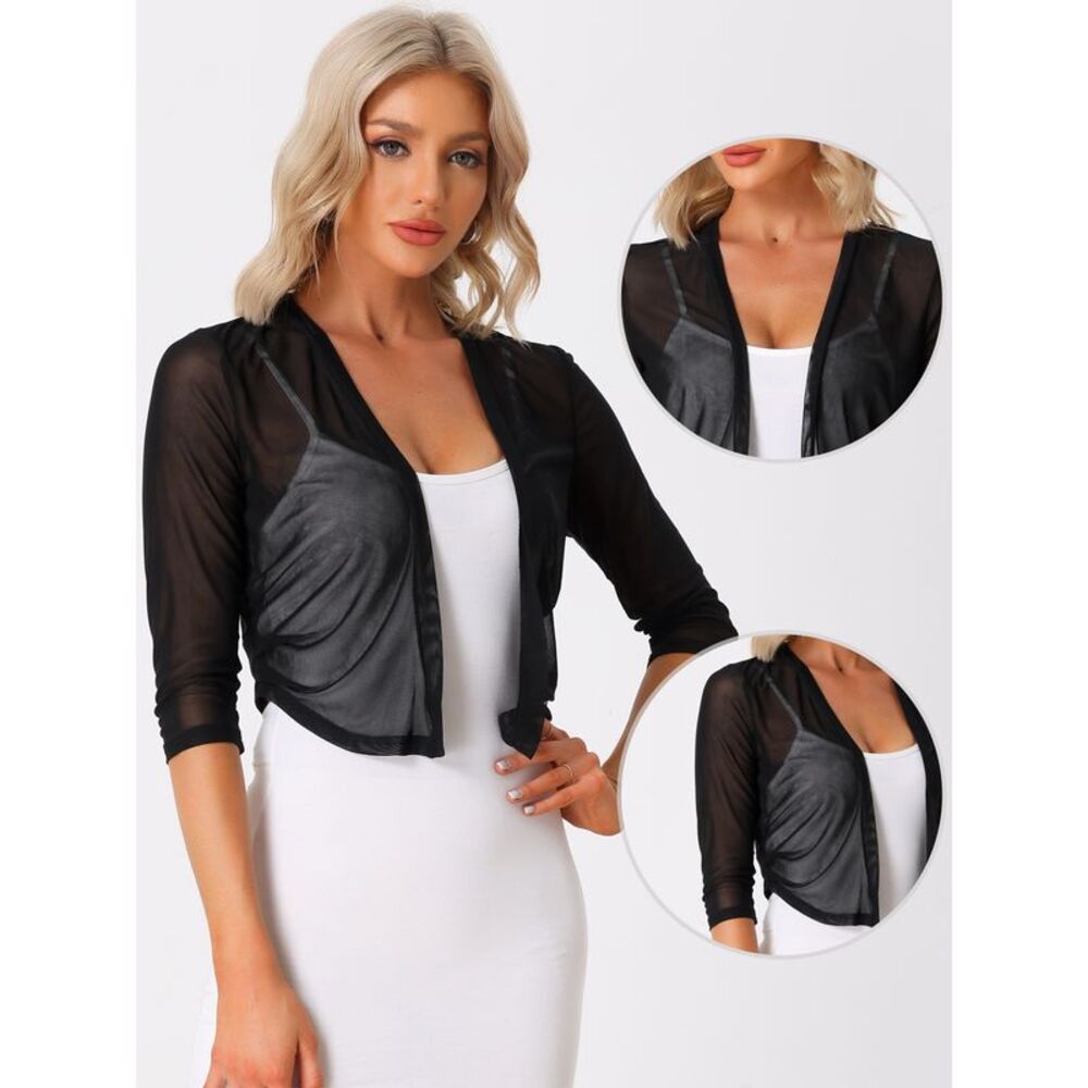 Chiffon Shrug 3/4 Sleeve Open Front Bolero Mesh Sheer Cardigan Black - Picture 2 of 6